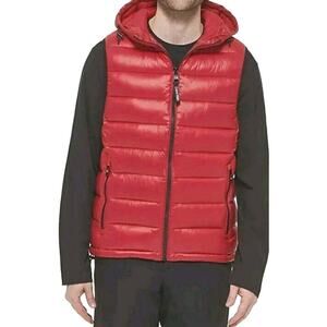 Calvin Klein ~Men's Size M~ Red Shiny Hooded Puffer Vest Packable NWT $150.00